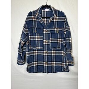 Pink Lily Women's Plaid Wool Blend Oversized Shacket Jacket Blue Black Tan SZ M